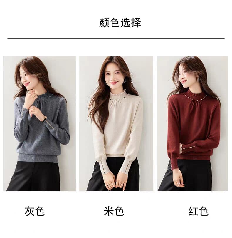 디자인 센스 작은 대중 비즈 박기 반하이넥 스웨터 기본 셔츠 여성 가을 겨울 느긋한 바람 니트 스웨터 상세 이미지 3