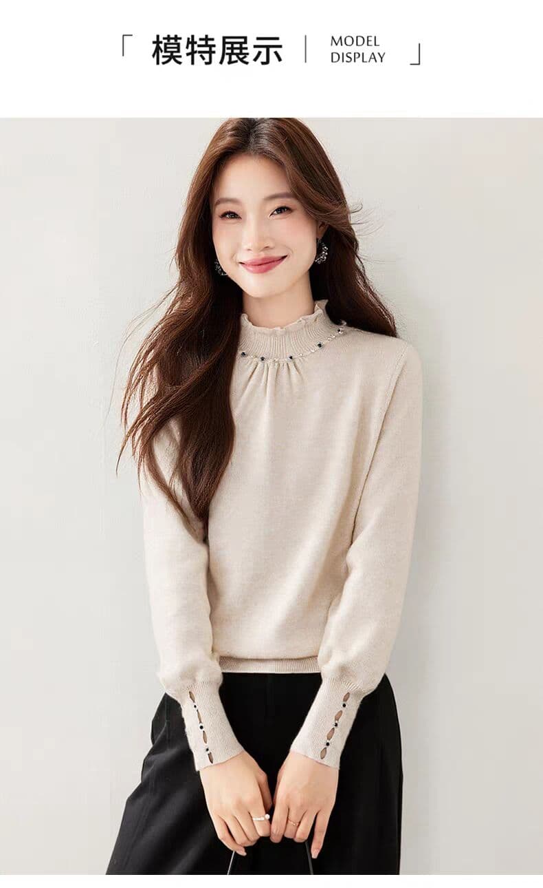 디자인 센스 작은 대중 비즈 박기 반하이넥 스웨터 기본 셔츠 여성 가을 겨울 느긋한 바람 니트 스웨터 상세 이미지 9