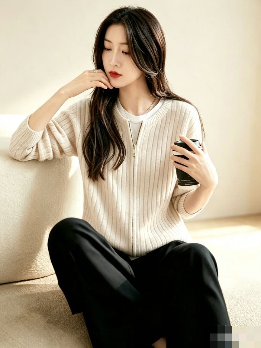 미니멀리즘 라인 센스 프랑스식 느긋한 라운드 넥 지퍼 털 니트 여성 코트 이미지 3