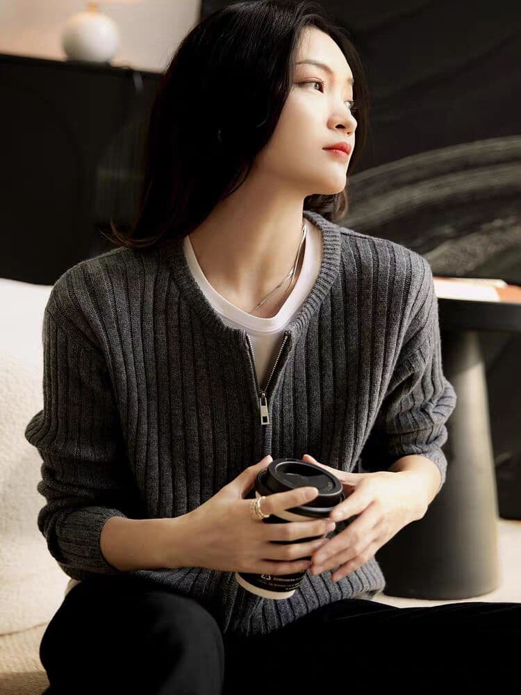 미니멀리즘 라인 센스 프랑스식 느긋한 라운드 넥 지퍼 털 니트 여성 코트 상세 이미지 3