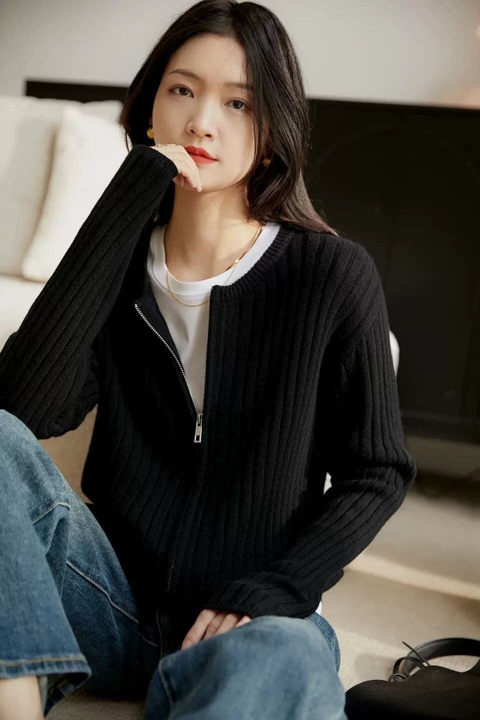 미니멀리즘 라인 센스 프랑스식 느긋한 라운드 넥 지퍼 털 니트 여성 코트 상세 이미지 6