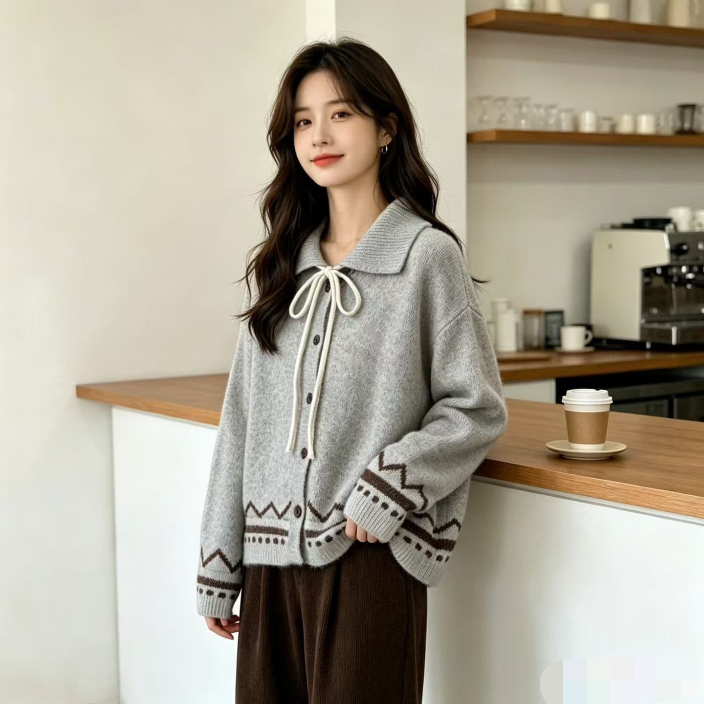 폴로 칼라 레이스업 스웨터 여성 코트 가을 겨울 새로운 니트 오픈 가디건 레트로 자카드 맨위 이미지 2