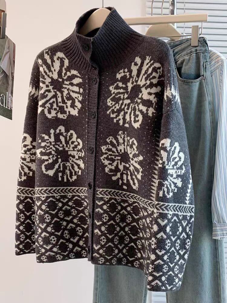 레트로 자카드 폴로 칼라 두꺼운 스웨터 여성 코트 가을 겨울 빅 사이즈 루즈핏 슬림해 보이는 니트 오픈 가디건 맨위 이미지 3