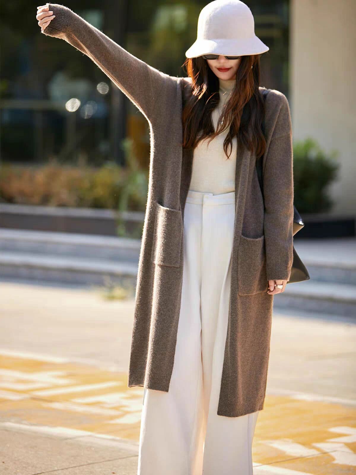 가을 겨울 두꺼움 중간 길이 털 오픈 가디건 여성 루즈핏 느긋한 바람 외부 가져 가라. 니트 스웨터 코트 숄 맨위