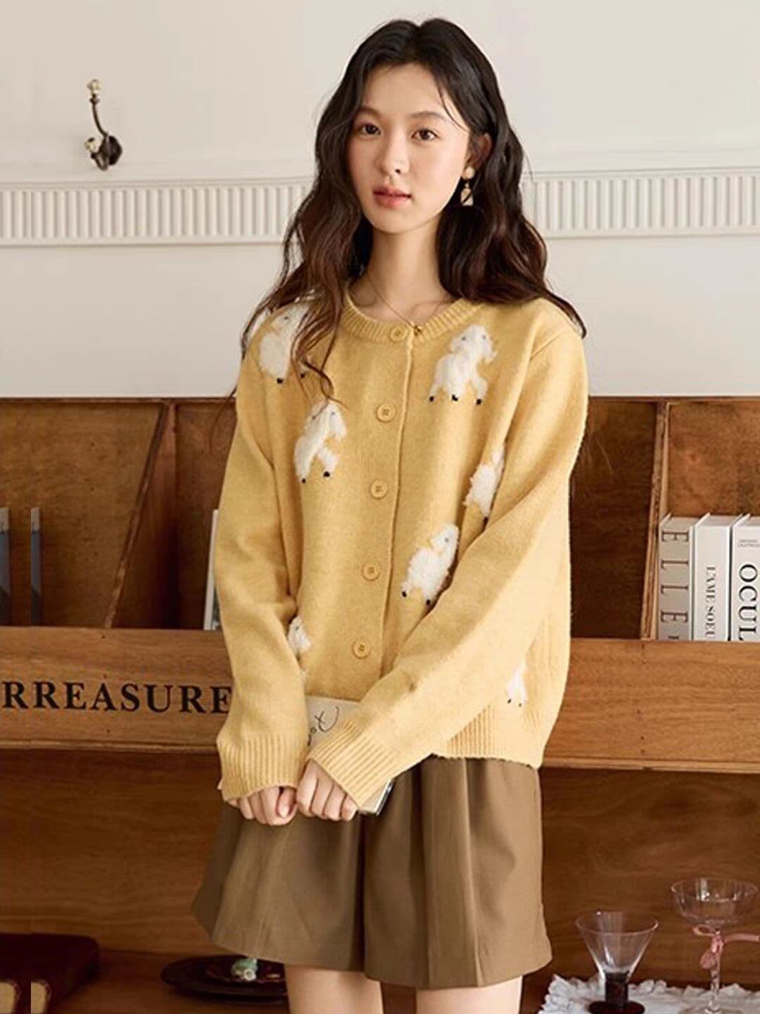 가을 겨울철 새로운 패션 캐주얼 다용도 루즈핏 부드러운 오픈 가디건 스웨터 어린 양 자카드 니트 스웨터 여성 이미지 4