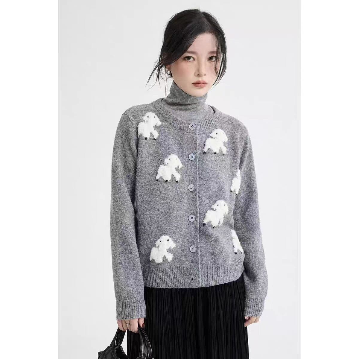 가을 겨울철 새로운 패션 캐주얼 다용도 루즈핏 부드러운 오픈 가디건 스웨터 어린 양 자카드 니트 스웨터 여성 상세 이미지 2