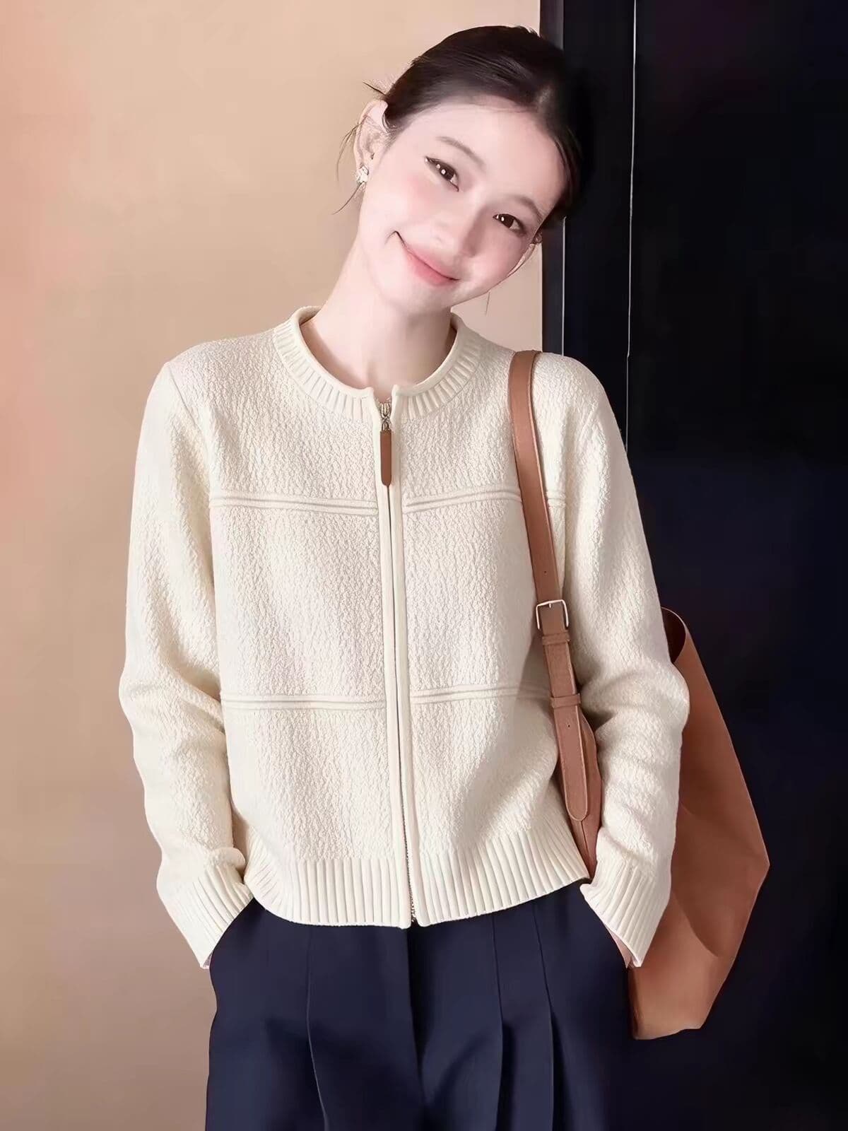 오래된 돈 바람 더블 지퍼 스웨터 카디건 코트 여성 의류 가을 한 부서 출퇴근 몸매 가꾸기 슬림해 보이는 디자인 센스 니트 스웨터 이미지 4