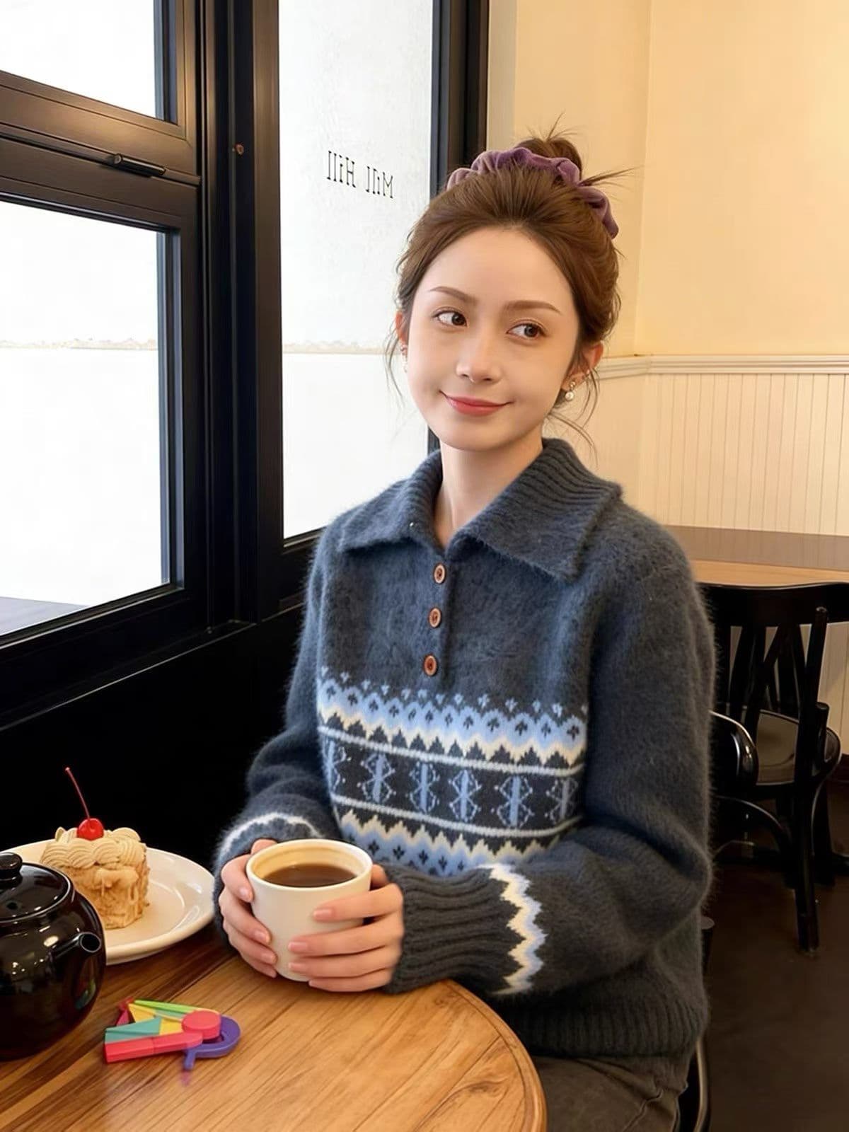 POLO 셔츠 폴로 칼라 공정한 섬 자카드 니트 스웨터 스웨터 여자 가을 겨울철 느긋한 고급 센스 맨위 이미지 3