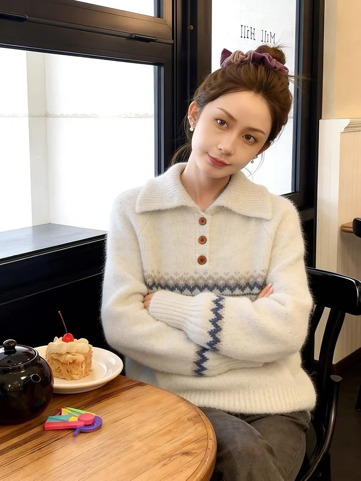 POLO 셔츠 폴로 칼라 공정한 섬 자카드 니트 스웨터 스웨터 여자 가을 겨울철 느긋한 고급 센스 맨위 상세 이미지 3