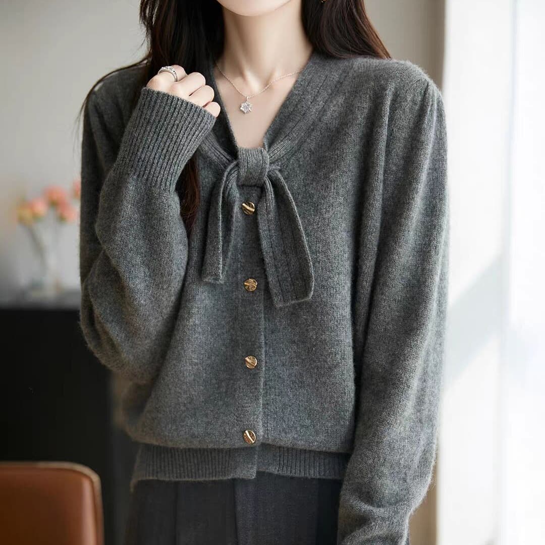 한 부서 고급 센스 나비 매듭 디자인 다용도 니트 오픈 가디건 여성 가을 겨울 새로운 품격 작은 샤넬 스타일 스웨터 코트 이미지 5