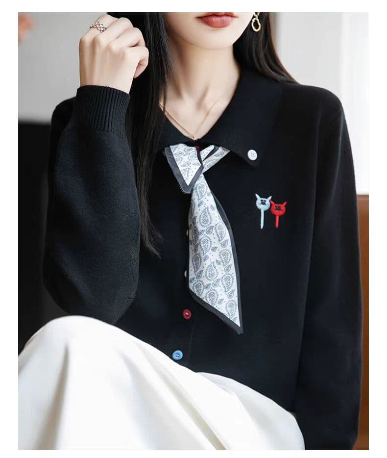 색상 버클 자수 스카프 니트 카디건 코트 2026 새로운 가을 외부 가져 가라. 외국 가스 빅 사이즈 여성 의류 맨위 상세 이미지 14
