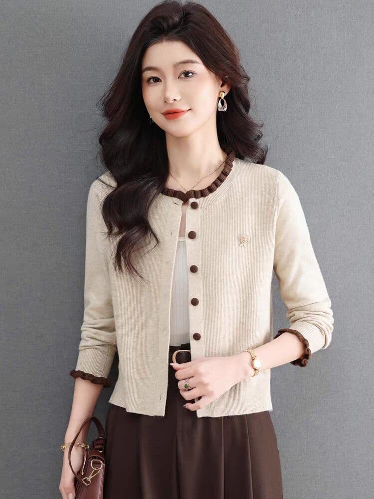 곰팡이 고리 스웨터 작은 외투 여성 가을 새로운 외부 가져 가라. 패션 작은 셔츠 쇼트 스타일 경기 치마 엄마 니트 오픈 가디건 상세 이미지 1