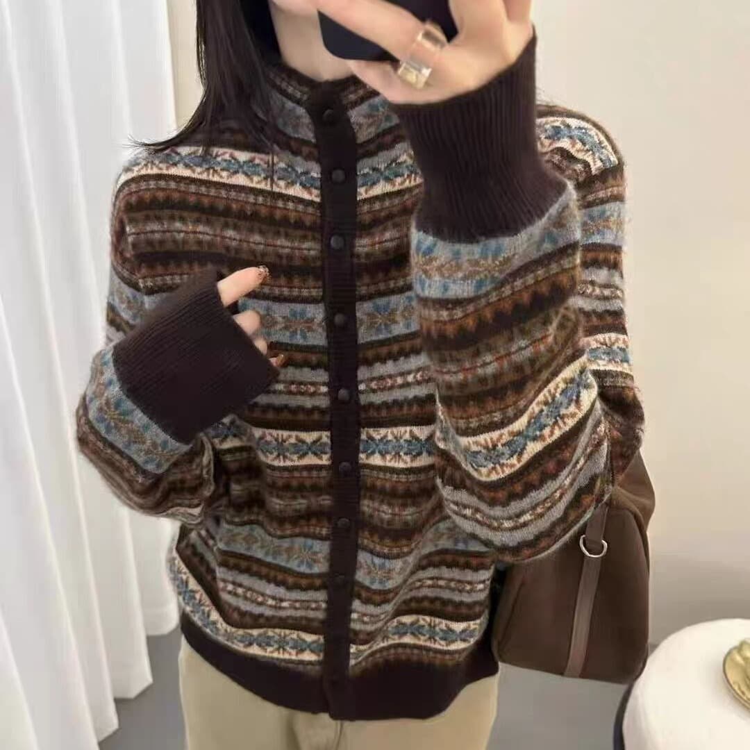 반하이넥 공정한 섬 바람 자카드 니트 오픈 가디건 여성 가을 겨울 레트로 스트라이프 스웨터 다용도 슬림해 보이는 맨위 이미지 5