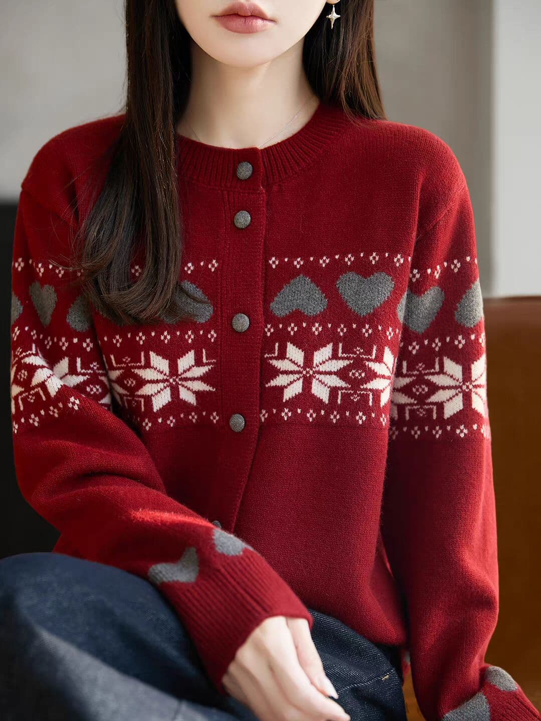 2026 새로운 공정한 섬 자카드 단추 니트 오픈 가디건 여성 코트 가을 겨울 스웨터 이미지 3