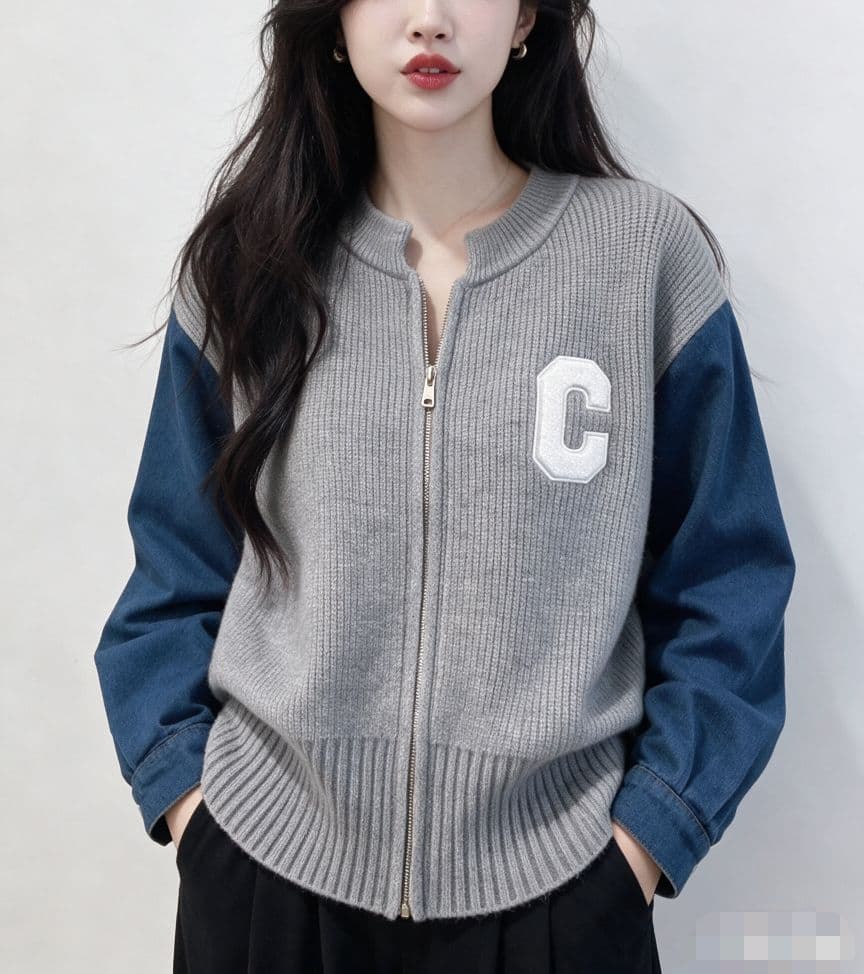 느긋한 바람 스웨터 오픈 가디건 여성 가을 겨울 2026 새로운 데님 패치워크 디자인 센스 루즈핏 니트 재킷 상세 이미지 2
