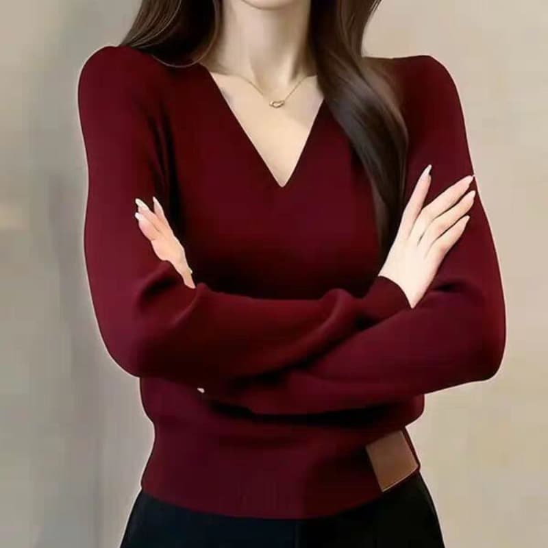V넥 니트 스웨터 2026 가을 새로운 셔츠 풀오버 기본 셔츠 출퇴근 인사이드 잡아라. 의류 이미지 5