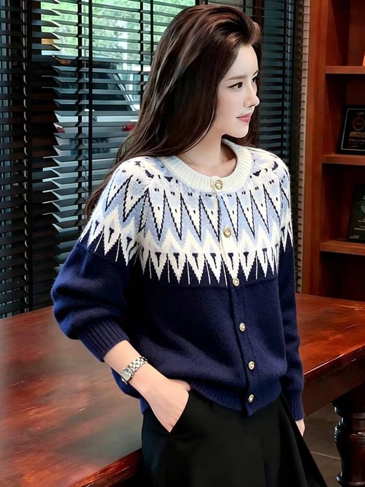 공정한 섬 자카드 스웨터 오픈 가디건 여성 가을 겨울 새로운 착용 가져 가라. 느긋한 슬림해 보이는 다용도 니트 맨위 상세 이미지 1