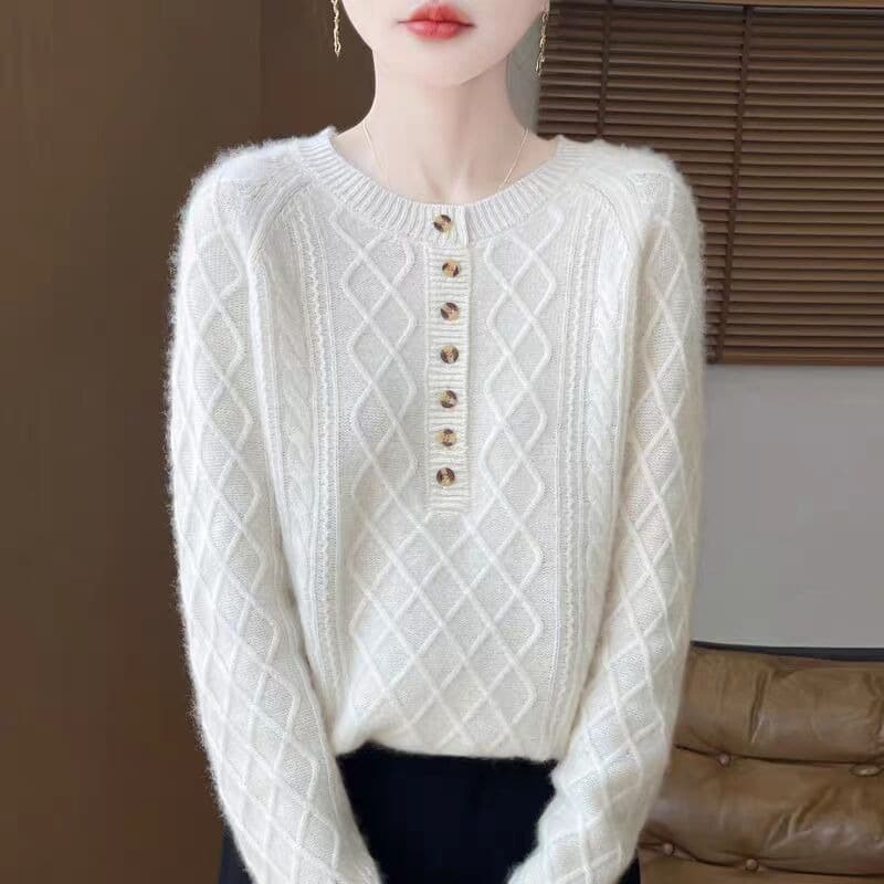 가을 겨울 새로운 라운드 넥 두꺼운 다이아몬드 모양 그리드 벨트 버클 기본 셔츠 루즈핏 느긋한 양모 맨위 이미지 5