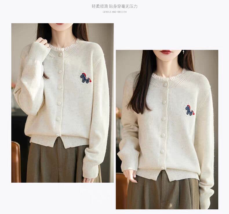 페이크 레이어드 작은 말 자수 니트 오픈 가디건 여성 코트 가을 겨울 패션 여성 셔츠 가을 겨울 스웨터 상세 이미지 6