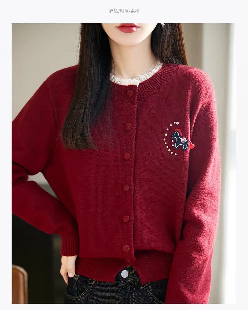 페이크 레이어드 작은 말 자수 니트 오픈 가디건 여성 코트 가을 겨울 패션 여성 셔츠 가을 겨울 스웨터 상세 이미지 10