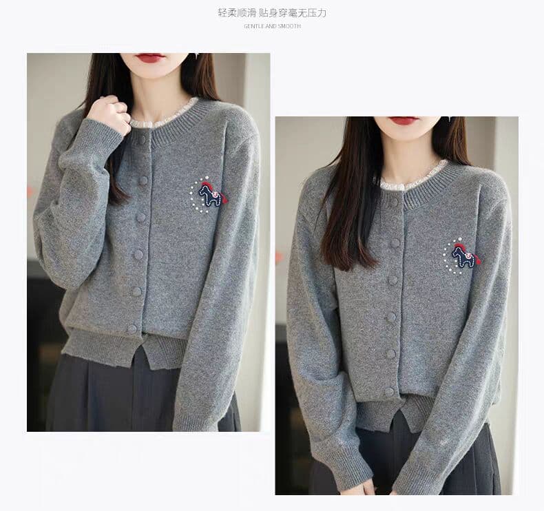 페이크 레이어드 작은 말 자수 니트 오픈 가디건 여성 코트 가을 겨울 패션 여성 셔츠 가을 겨울 스웨터 상세 이미지 12