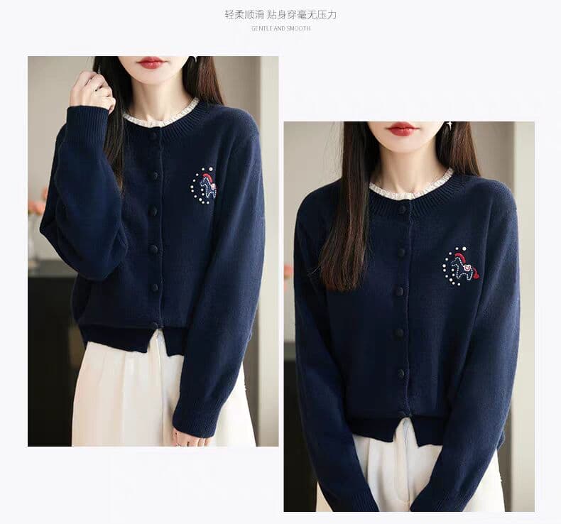페이크 레이어드 작은 말 자수 니트 오픈 가디건 여성 코트 가을 겨울 패션 여성 셔츠 가을 겨울 스웨터 상세 이미지 15