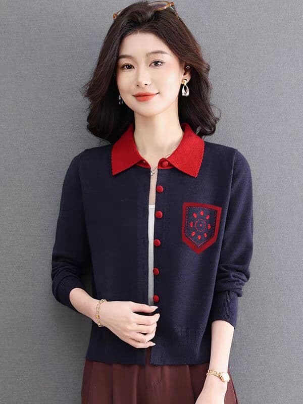 2026 가을 새로운 배색 폴로 칼라 오픈 가디건 여성 니트 스웨터 외국 가스 맨위 재킷