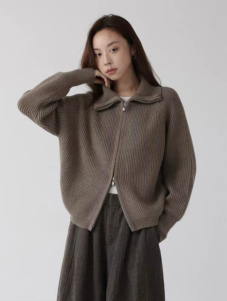 구덩이 기사 더블 지퍼 스웨터 가을 새로운 출퇴근 루즈핏 단색 스탠드 칼라 오픈 가디건 이미지 2