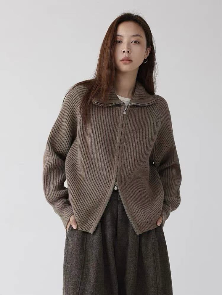 구덩이 기사 더블 지퍼 스웨터 가을 새로운 출퇴근 루즈핏 단색 스탠드 칼라 오픈 가디건 이미지 4