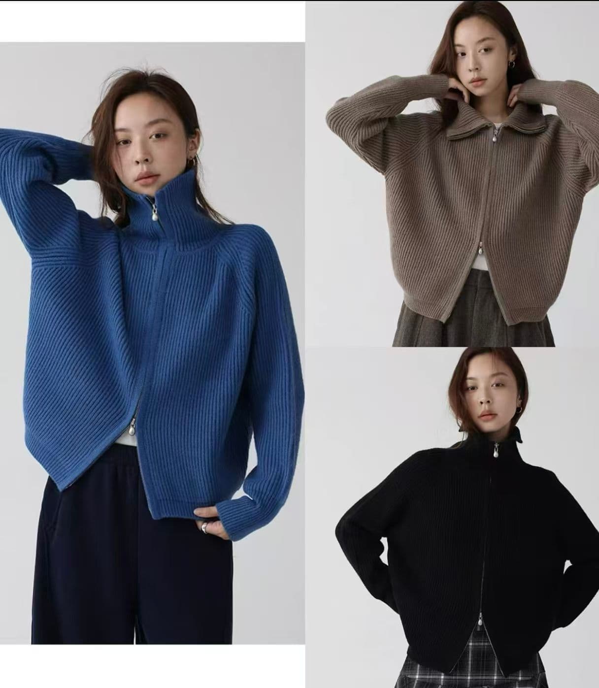 구덩이 기사 더블 지퍼 스웨터 가을 새로운 출퇴근 루즈핏 단색 스탠드 칼라 오픈 가디건 상세 이미지 1