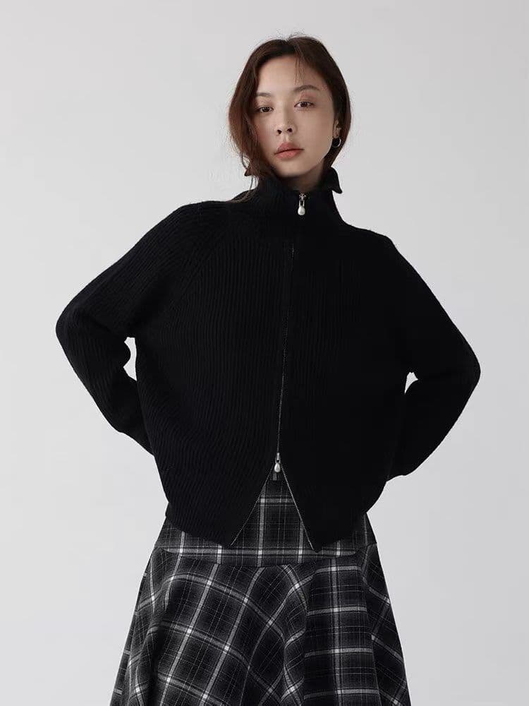 구덩이 기사 더블 지퍼 스웨터 가을 새로운 출퇴근 루즈핏 단색 스탠드 칼라 오픈 가디건 상세 이미지 10