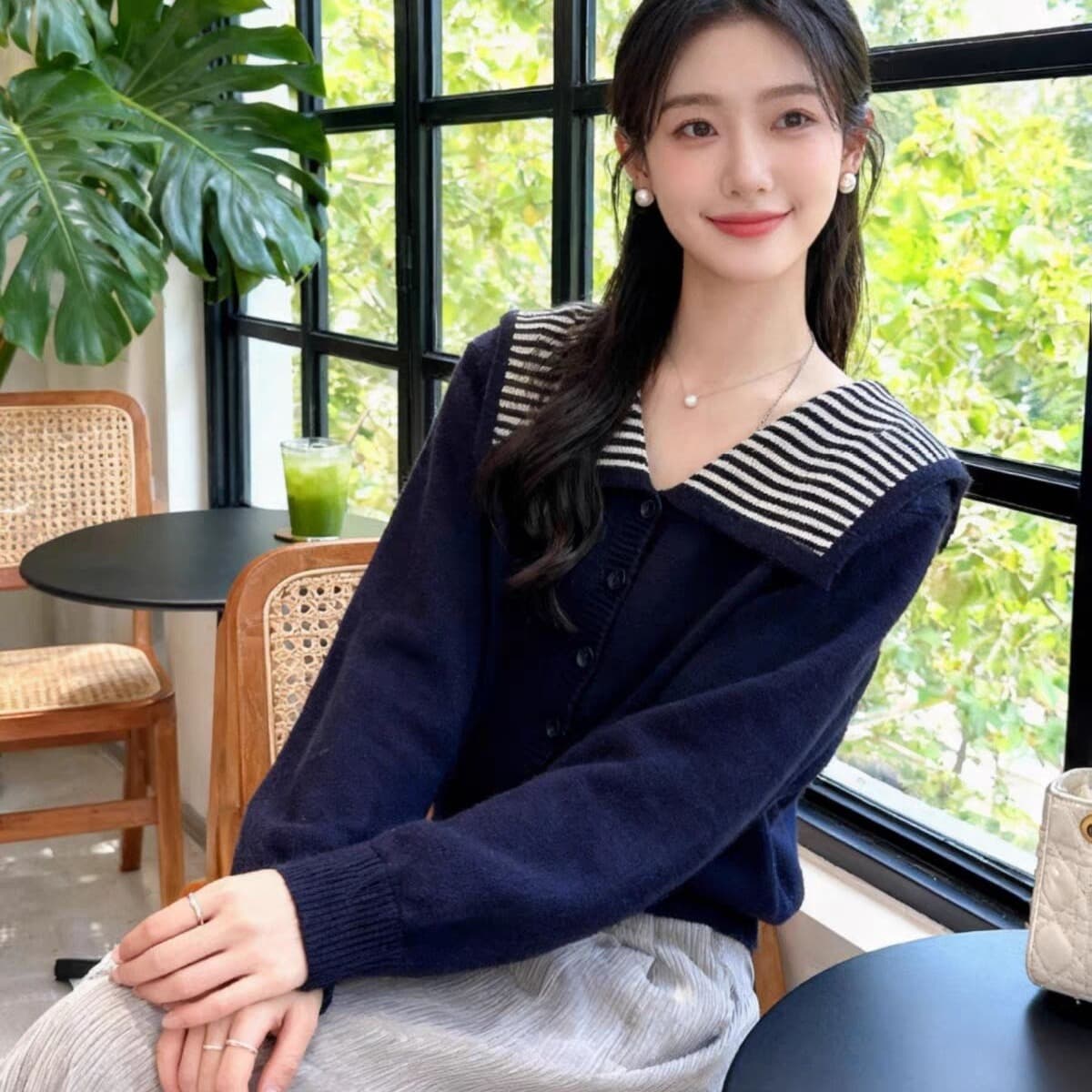 한 부서 해군 칼라 스트라이프 싱글 줄 버튼 스웨터 여자 2026 가을 겨울 새로운 니트 카디건 코트 이미지 5