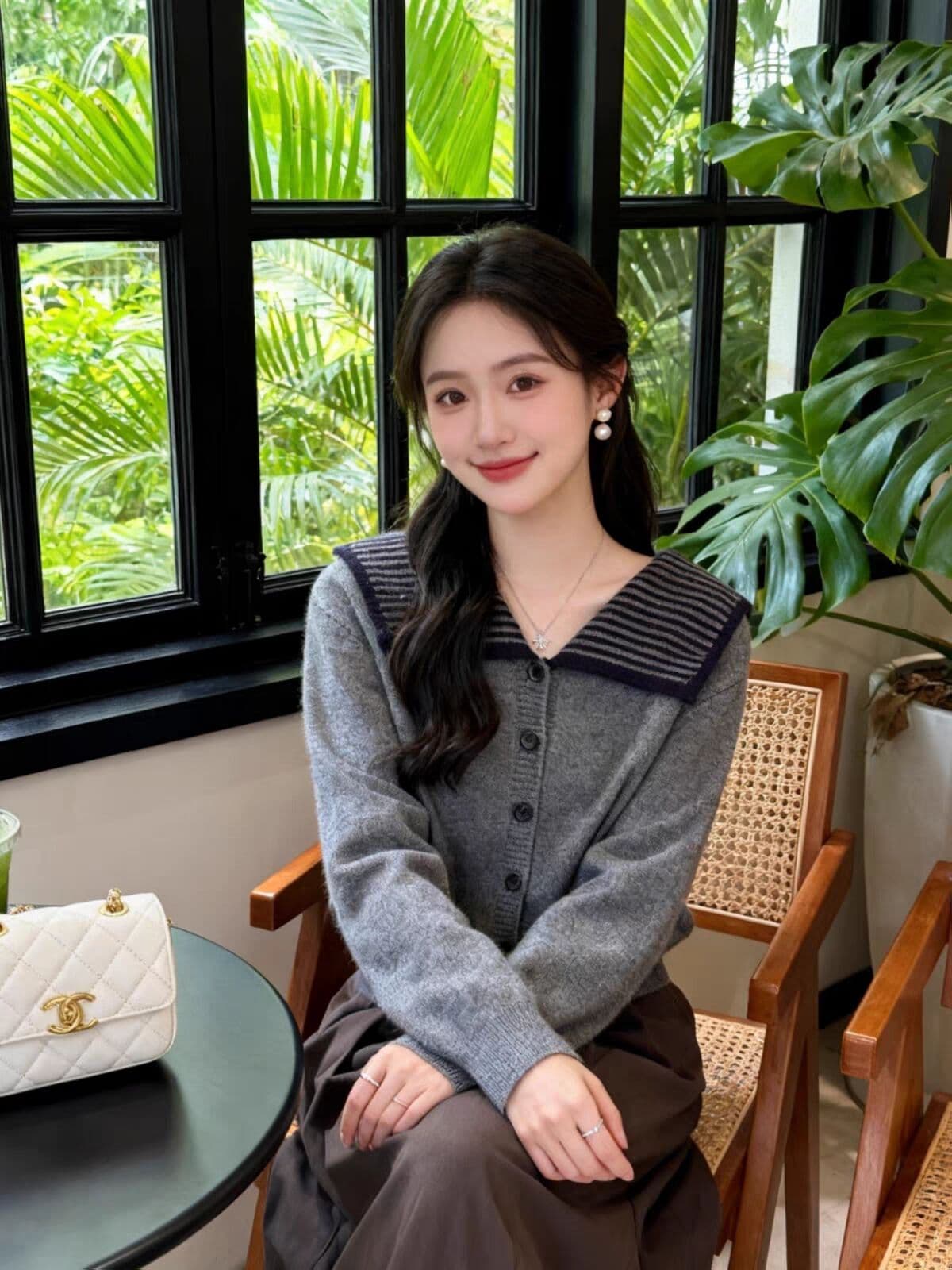 한 부서 해군 칼라 스트라이프 싱글 줄 버튼 스웨터 여자 2026 가을 겨울 새로운 니트 카디건 코트 상세 이미지 2