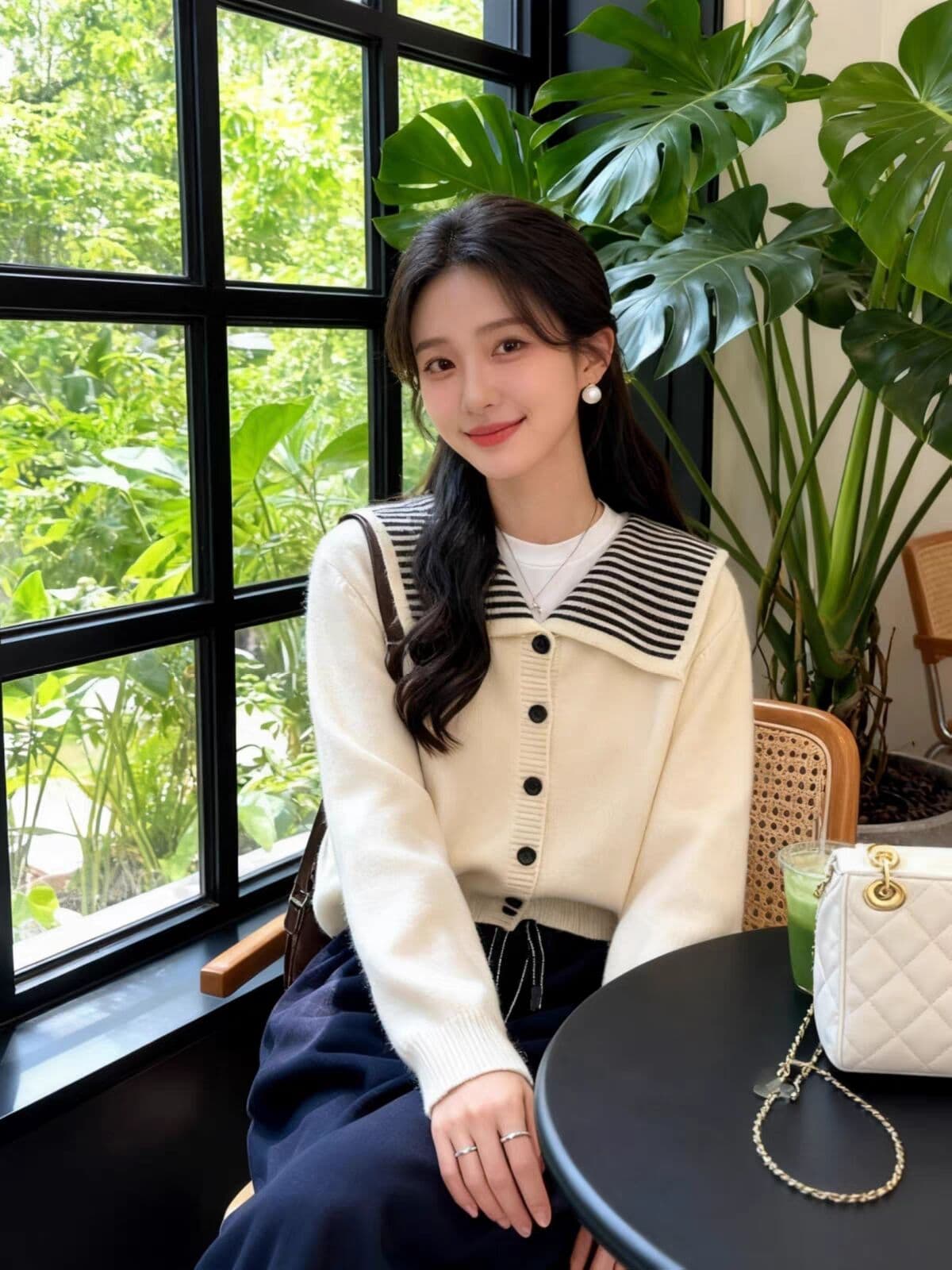 한 부서 해군 칼라 스트라이프 싱글 줄 버튼 스웨터 여자 2026 가을 겨울 새로운 니트 카디건 코트 상세 이미지 4
