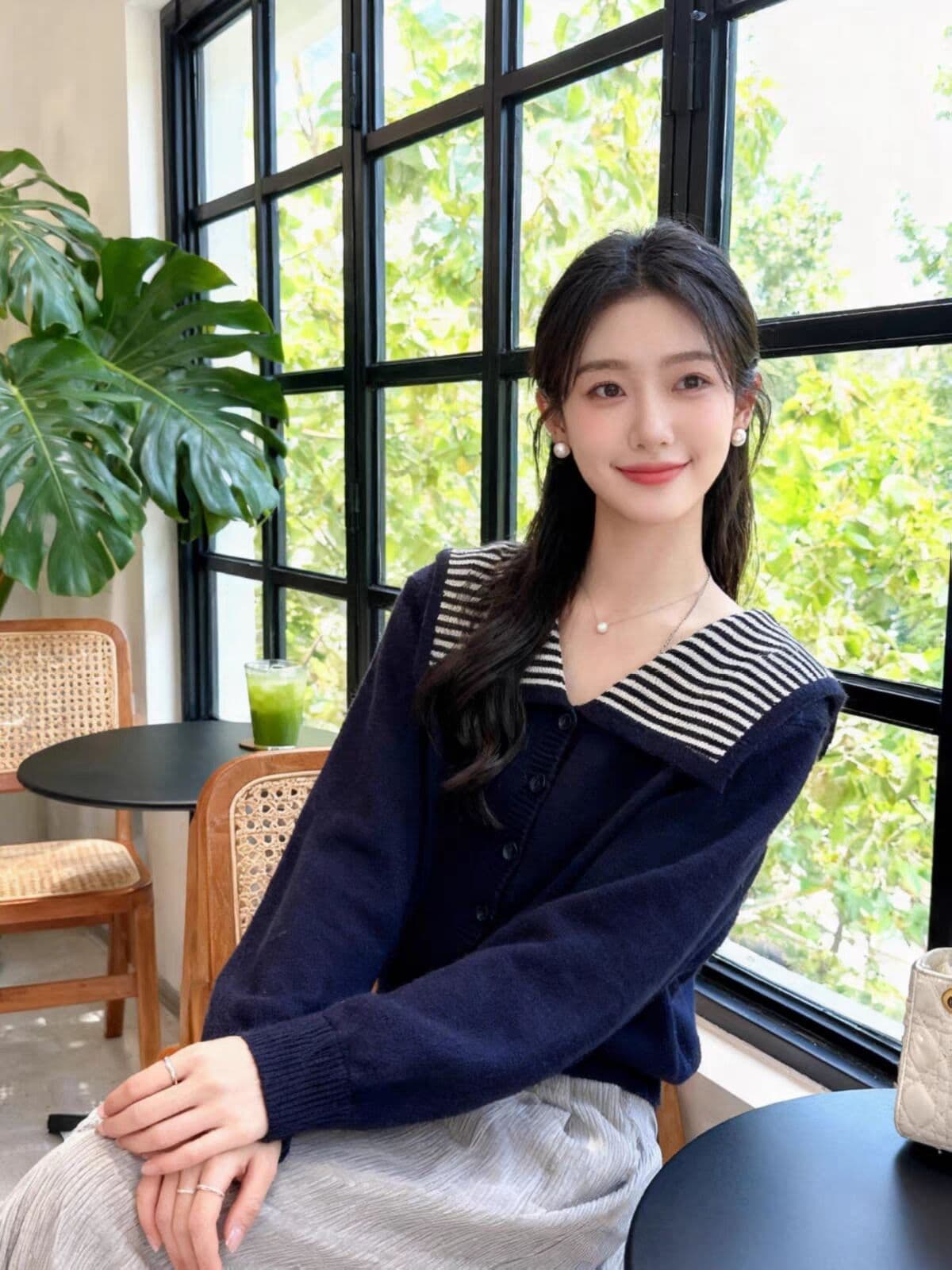 한 부서 해군 칼라 스트라이프 싱글 줄 버튼 스웨터 여자 2026 가을 겨울 새로운 니트 카디건 코트 상세 이미지 5