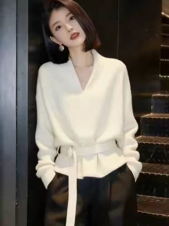 V넥 니트 오픈 가디건 여성 가을 겨울 느긋한 고급 센스 외국 가스 연령 감소 레이스업 허리 수축 스웨터 코트 맨위 이미지 2