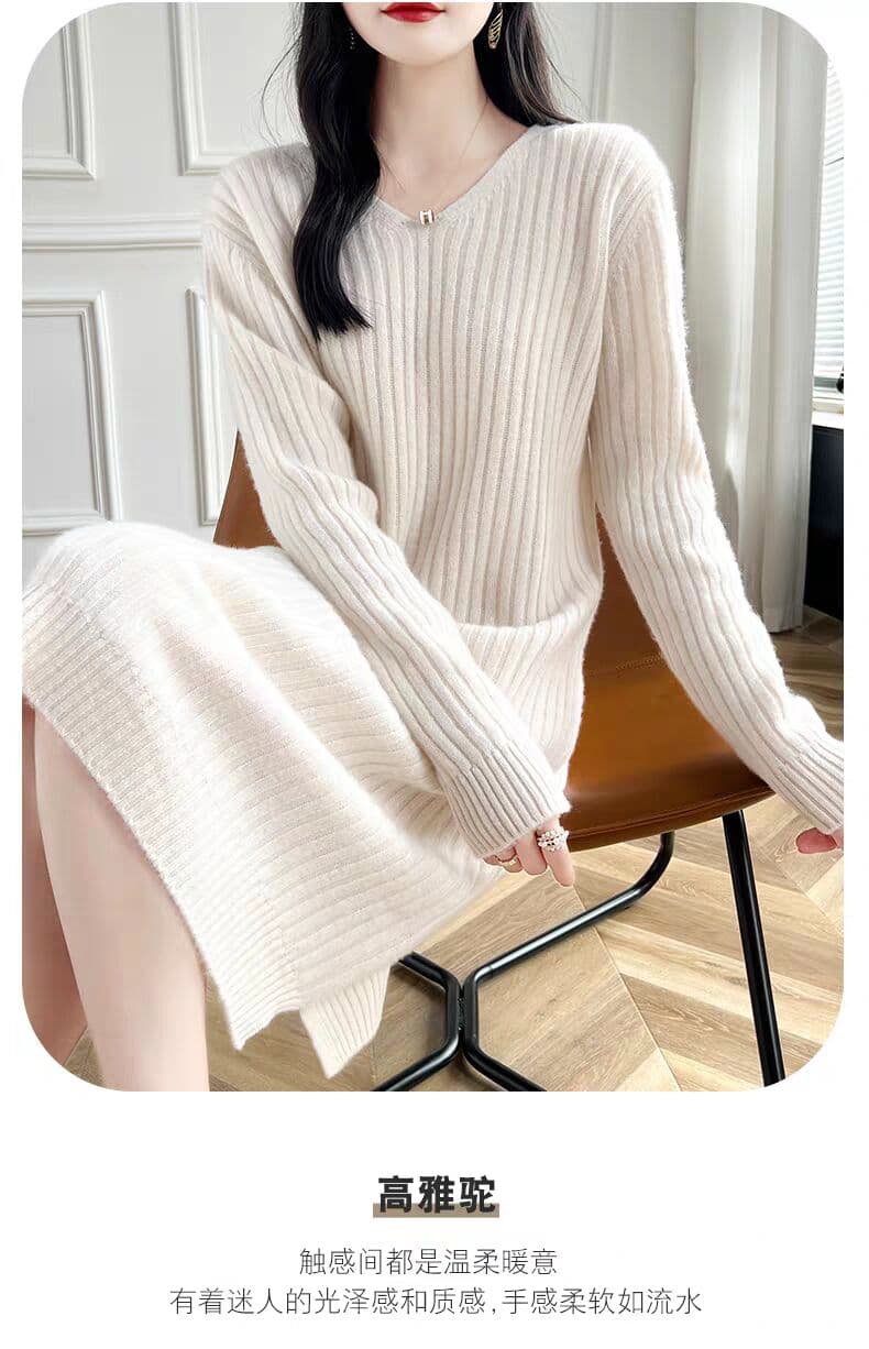 V넥 여성 드레스 중간 길이 무릎 아래 루즈핏 다용도 니트 기본 셔츠 스웨터 드레스 상세 이미지 11