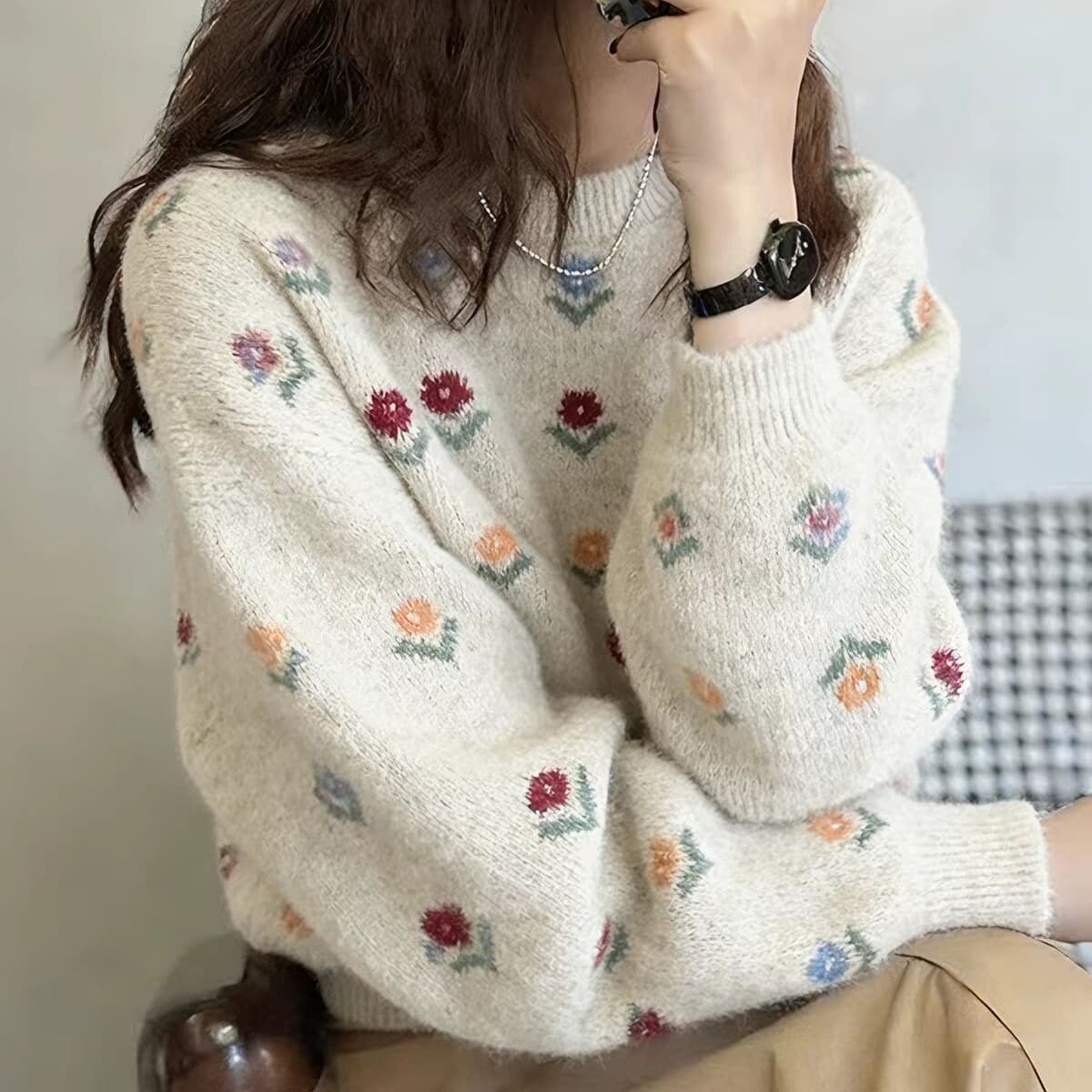 연령 감소 꽃 자카드 라운드 넥 스웨터 여자 가을 겨울 새로운 패션 부드러운 찹쌀 다용도 니트 맨위 이미지 5