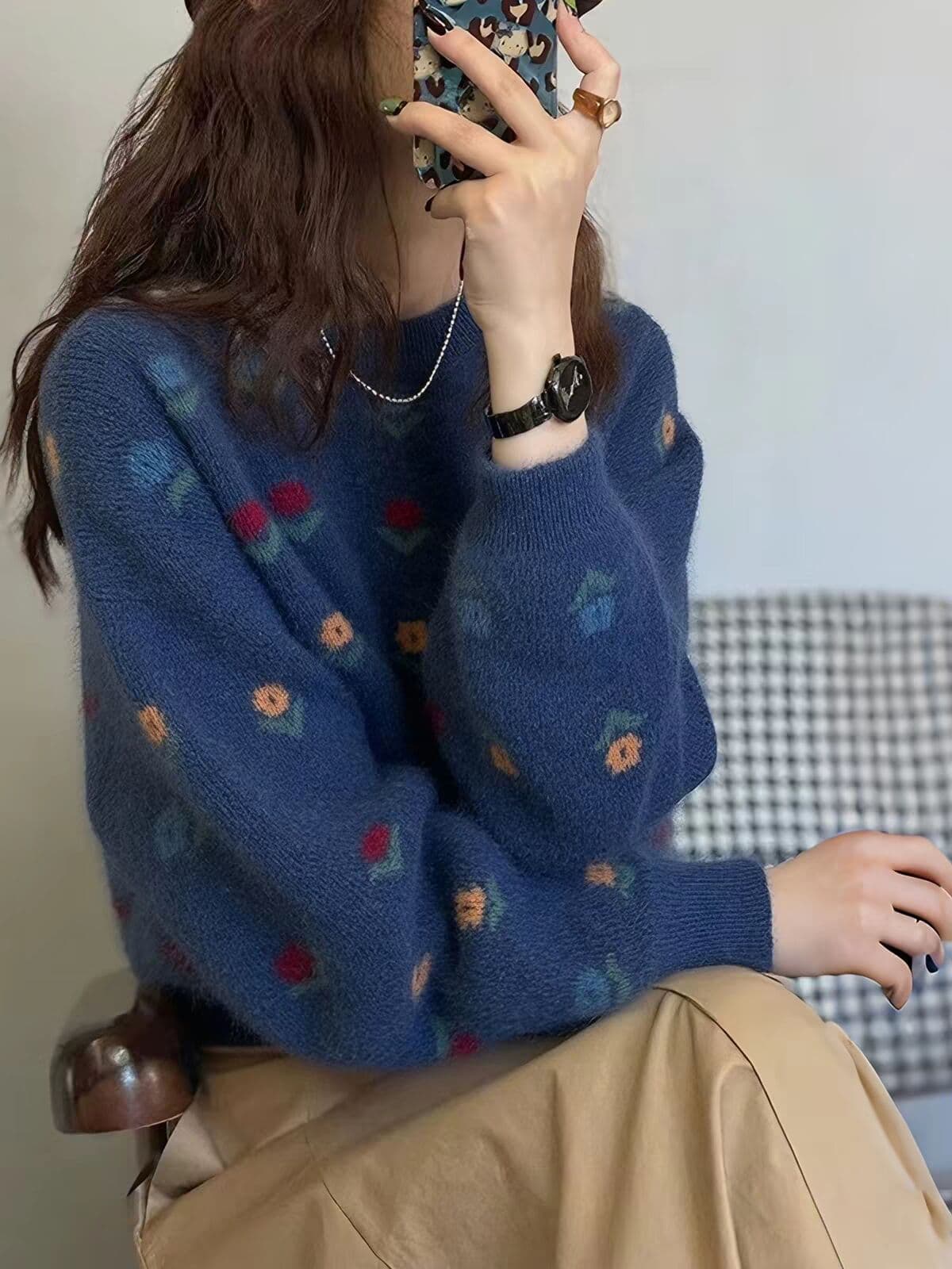 연령 감소 꽃 자카드 라운드 넥 스웨터 여자 가을 겨울 새로운 패션 부드러운 찹쌀 다용도 니트 맨위 상세 이미지 2