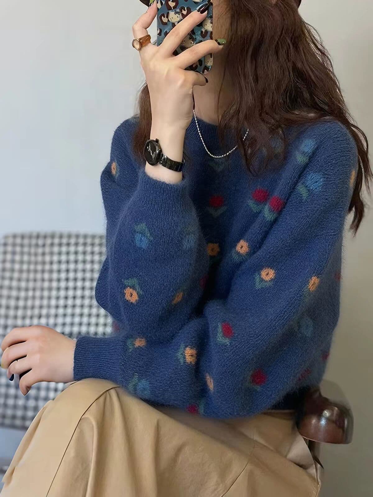 연령 감소 꽃 자카드 라운드 넥 스웨터 여자 가을 겨울 새로운 패션 부드러운 찹쌀 다용도 니트 맨위 상세 이미지 3
