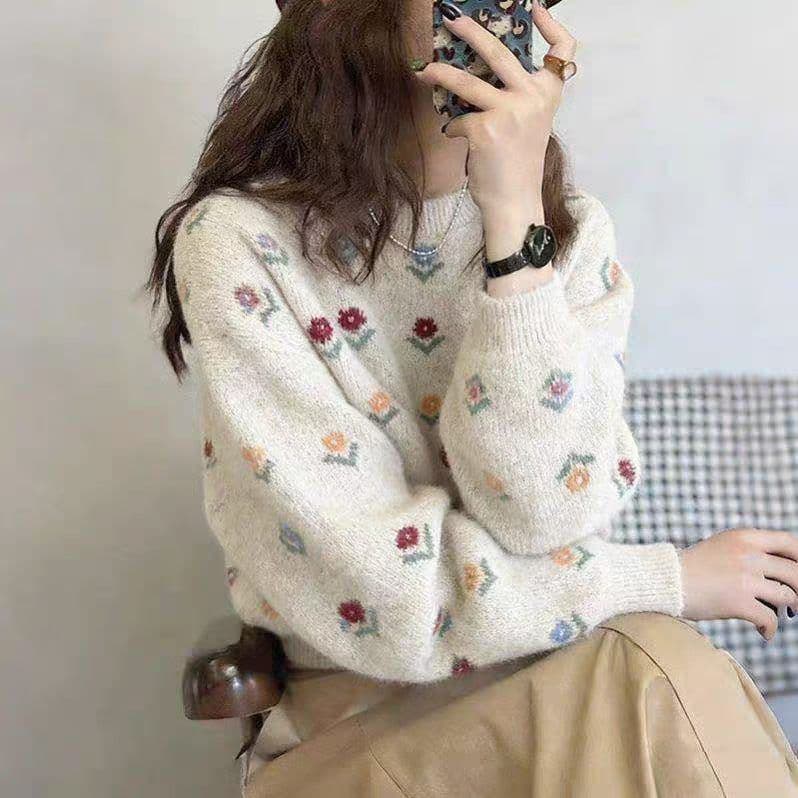 연령 감소 꽃 자카드 라운드 넥 스웨터 여자 가을 겨울 새로운 패션 부드러운 찹쌀 다용도 니트 맨위 상세 이미지 4