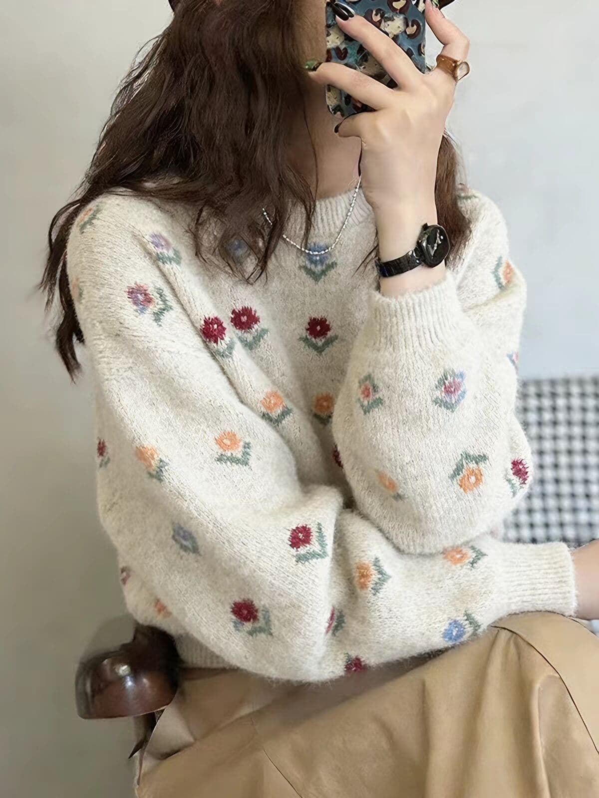 연령 감소 꽃 자카드 라운드 넥 스웨터 여자 가을 겨울 새로운 패션 부드러운 찹쌀 다용도 니트 맨위 상세 이미지 6