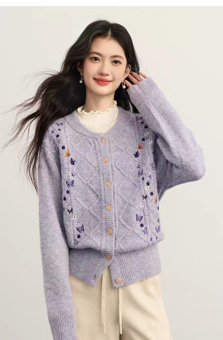 2026 가을 겨울 새로운 한 부서 달콤한 스타일 나비 자수 라운드 넥 니트 오픈 가디건 여성 다용도 스웨터 코트 이미지 3