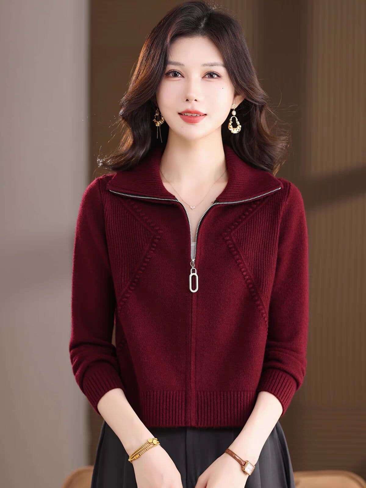 폴로 칼라 지퍼 니트 오픈 가디건 여성 루즈핏 슈퍼 잘 생긴 가을 겨울 고급 센스 외부 가져 가라. 쇼트 스타일 작은 키 스웨터 코트 이미지 4