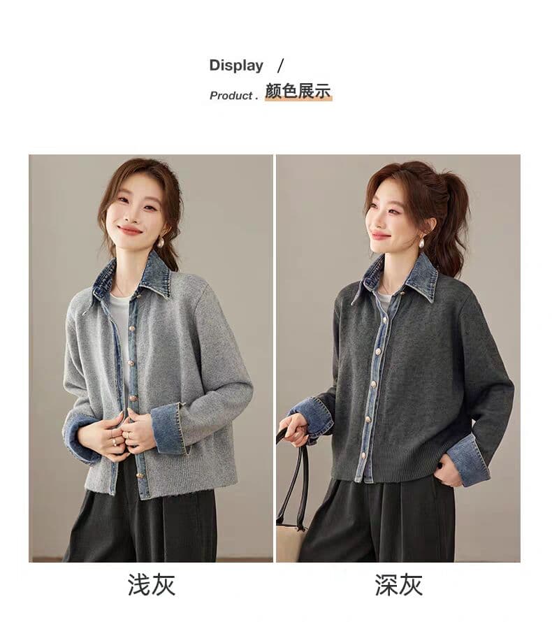 데님 패치워크 폴로 칼라 페이크 레이어드 니트 오픈 가디건 여성 가을 2026 새로운 캐주얼 스웨터 코트 스택 착용 맨위 상세 이미지 3