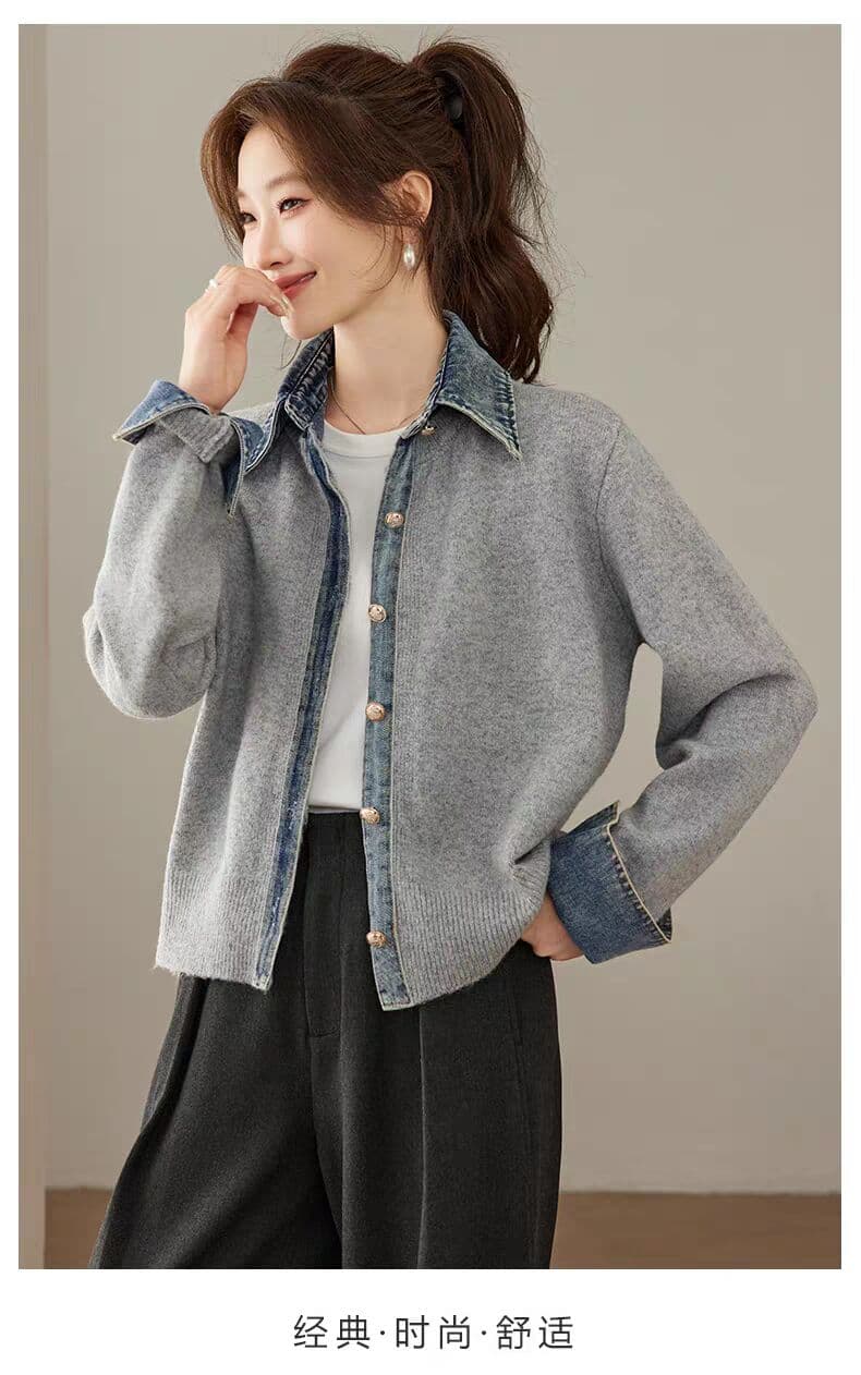 데님 패치워크 폴로 칼라 페이크 레이어드 니트 오픈 가디건 여성 가을 2026 새로운 캐주얼 스웨터 코트 스택 착용 맨위 상세 이미지 5