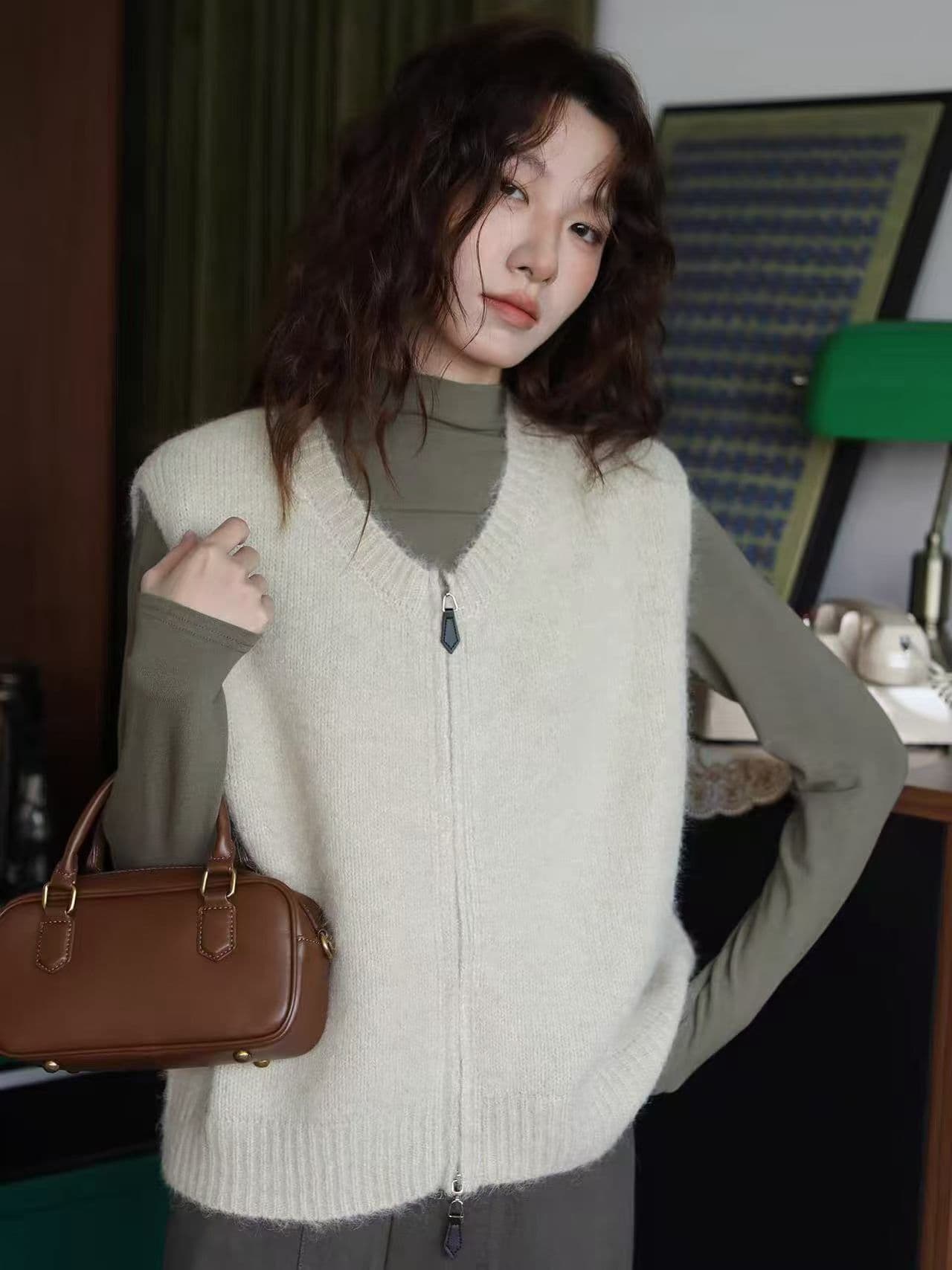 미니멀리즘 레트로 부드러운 찹쌀 더블 지퍼 니트 조끼 여자 민소매 스웨터 라운드 넥 디자인 센스 스택 계속하다 옷