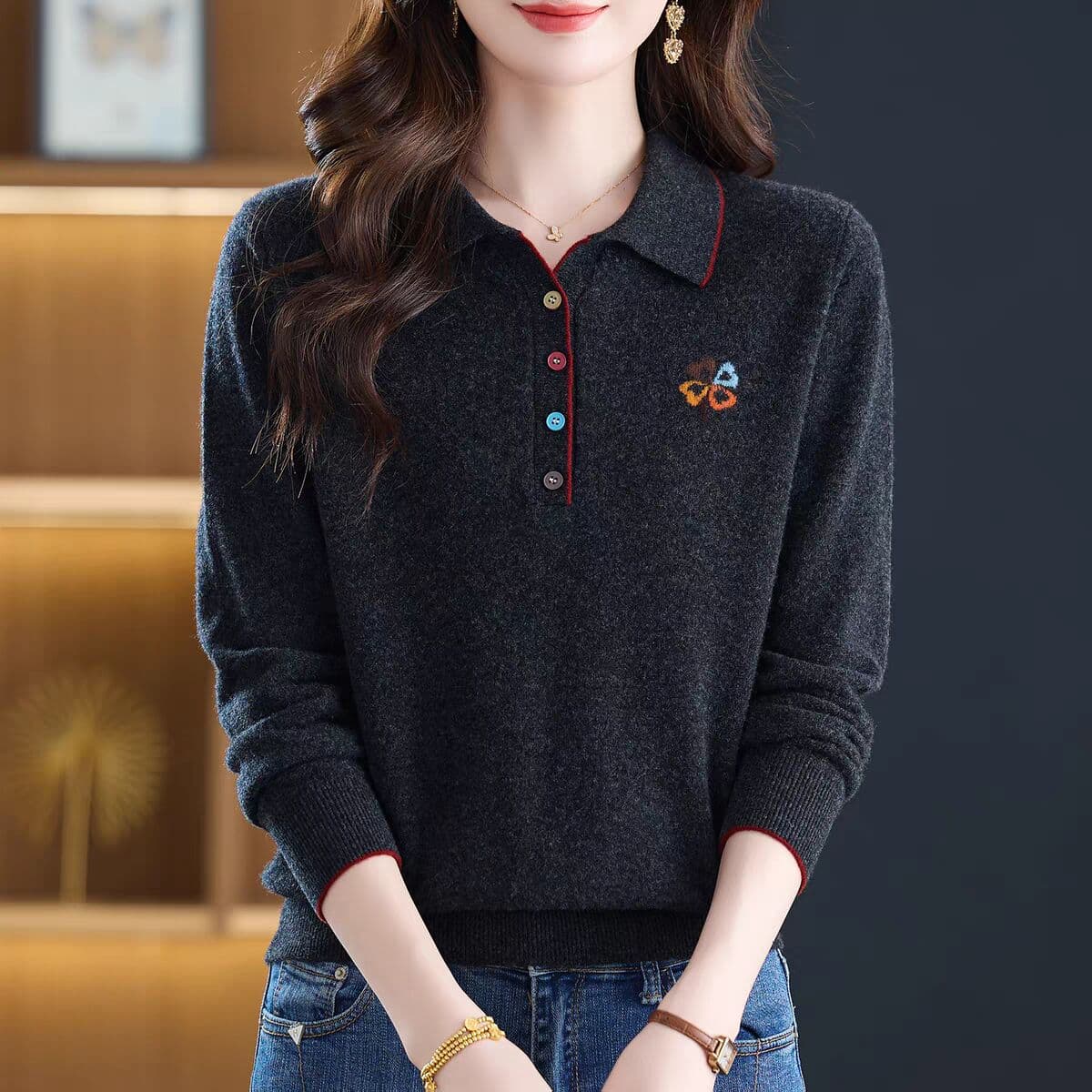 고급 털 셔츠 여성 가을 겨울 새로운 중년 엄마 폴로 칼라 스웨터 니트 기본 셔츠 이미지 4