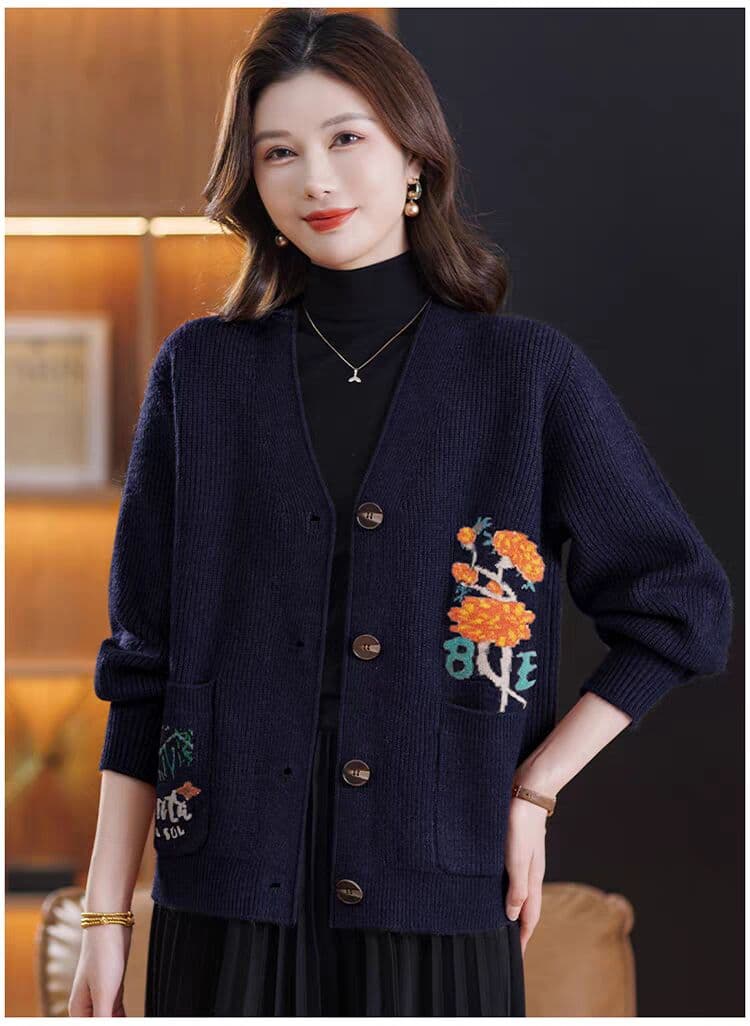 가을 겨울 V넥 자수 니트 오픈 가디건 여성 루즈핏 외국 가스 루즈핏 종류 스웨터 긴팔 재킷 가을 겨울 착용 가져 가라. 상세 이미지 12