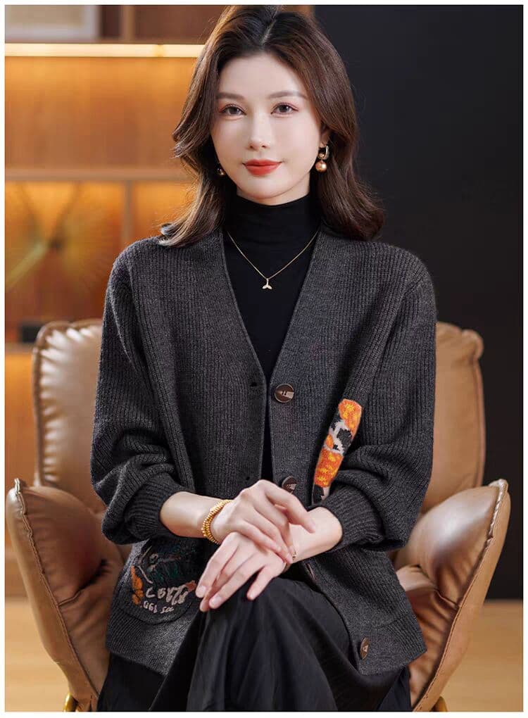 가을 겨울 V넥 자수 니트 오픈 가디건 여성 루즈핏 외국 가스 루즈핏 종류 스웨터 긴팔 재킷 가을 겨울 착용 가져 가라. 상세 이미지 19